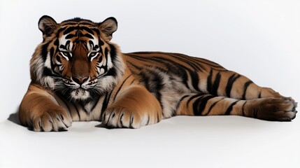 Obraz premium Majestic Tiger Resting White Background.