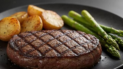 Delicious and Mouth Watering Grilled Steak with Roasted Potatoes and Green Asparagus A Gourmet Meal	