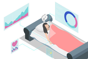 3D Isometric Flat  Illustration of Sleep Tracker, Analyzing Sleep Quality Using Electronic Device In Bed