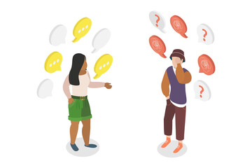 3D Isometric Flat  Illustration of Chatty Girlfriend, Talking to Much