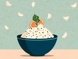 Artistic Culinary Delights: A stylized illustration showcases a vibrant bowl of rice topped with fresh citrus and a sprig of parsley, set against a soft backdrop sprinkled with artistic accents.