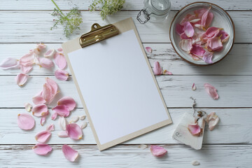 A Delicate Arrangement of Pink Rose Petals on a White Wooden Background. Perfect for a Calm and Romantic Aesthetic