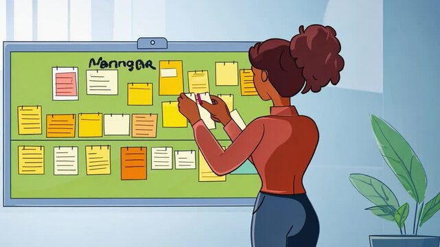 Manager planning morning work with sticky notes on whiteboard