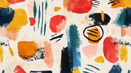 Naklejka premium Abstract painting features overlapping circles, lines, and brushstrokes in red, orange, and blue.
