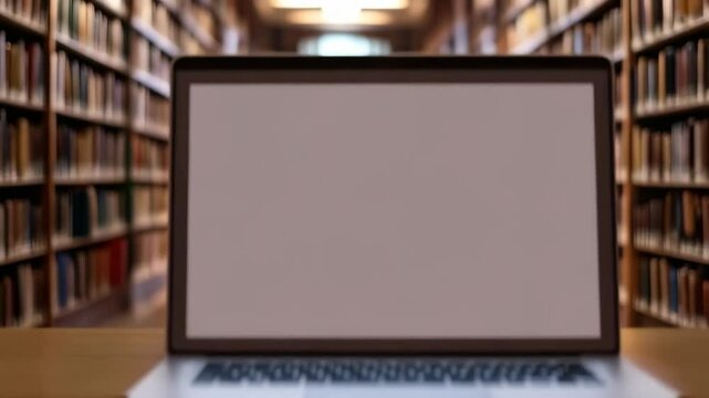 Laptop on a wooden desk in a blurred library with full bookshelves for educational background display or screen replacement.