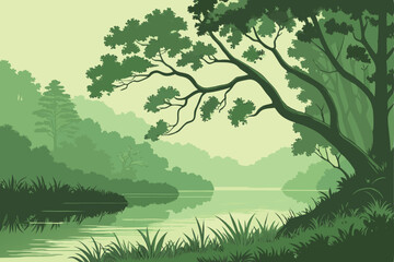 11 a lush, verdant forest with a serene, mirror-like lake, vibrant green foliage reflecting on the calm waters, a solitary tree with twisting branches dipping into the tranquil surface, a dreamlike, h