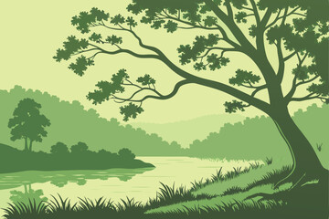 Fototapeta premium 11 a lush, verdant forest with a serene, mirror-like lake, vibrant green foliage reflecting on the calm waters, a solitary tree with twisting branches dipping into the tranquil surface, a dreamlike, h