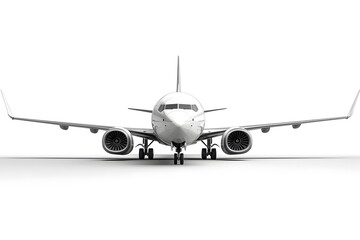 Naklejka premium A front view of a commercial airplane on a white background showing engine and wings clearly