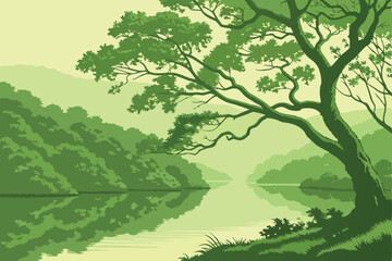 Fototapeta premium 11 a lush, verdant forest with a serene, mirror-like lake, vibrant green foliage reflecting on the calm waters, a solitary tree with twisting branches dipping into the tranquil surface, a dreamlike, h