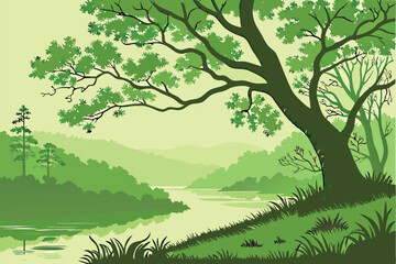 11 a lush, verdant forest with a serene, mirror-like lake, vibrant green foliage reflecting on the calm waters, a solitary tree with twisting branches dipping into the tranquil surface, a dreamlike, h