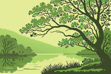 Fototapeta premium 11 a lush, verdant forest with a serene, mirror-like lake, vibrant green foliage reflecting on the calm waters, a solitary tree with twisting branches dipping into the tranquil surface, a dreamlike, h