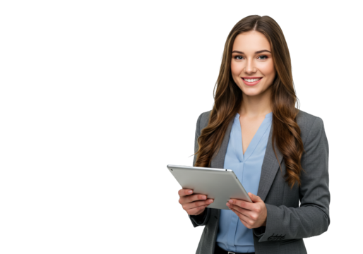 Smiling businesswoman holding tablet device