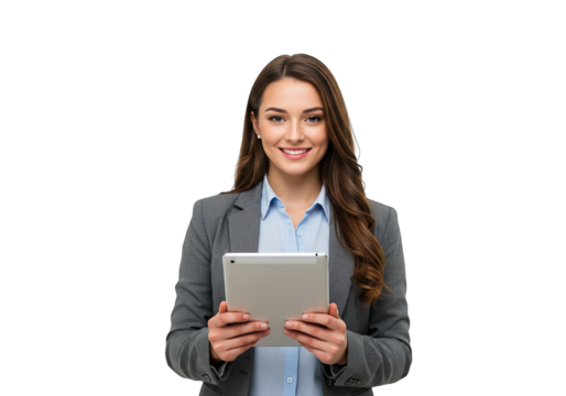 Smiling businesswoman holds tablet device