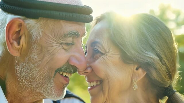st. valentine's day. loving senior middle eastern couple smiling and gazing tenderly at each other, profoundly connected by decades of love. happy marriage, long relationship, cheerful family.