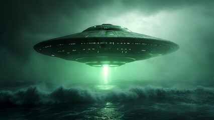 Ufo Over Ocean Waves with Green Light