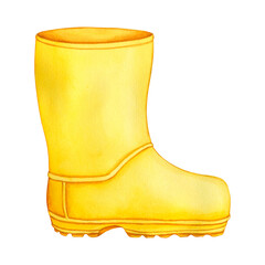 Watercolor illustration of Yellow rubber boots. Hand drawn Illustration of Autumn Shoes. Template for creative design. PNG