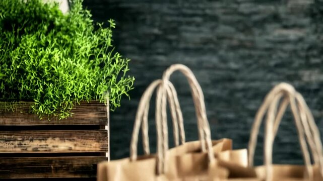 Two reusable paper shopping bags with recycle symbol displayed next to a green potted plant in a rustic wooden container.