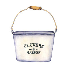 Watercolor illustration of a white flowerpot in a retro style. Garden vintage bucket. Hand drawn Garden Tools for harvesting crops, work in the garden, and care of house plants
