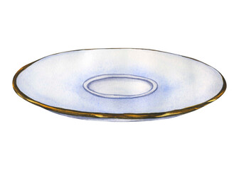 Ceramic porcelain saucer. Watercolor hand drawn illustration of plate isolated. Ornate gilded tea saucer for english afternoon tea ceremony party or breakfast. Ceramic plate on Transparent PNG format