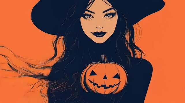 Stylized portrait of a woman in a witch hat holding an orange carved pumpkin on an orange background, Halloween theme