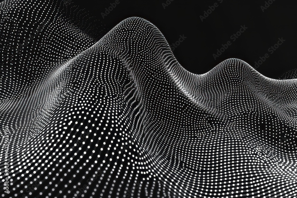 Leinwandbilder Creative representation of dynamic cyber space network with artistic dots and waves in black and white, Artistic dots lines waves cyber space network