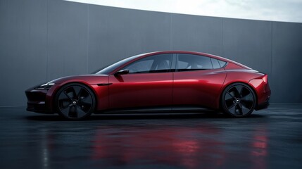 Fototapeta premium Red electric car under gray sky