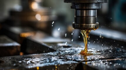 A stunning image of close up of a machining process with lubricating oil.