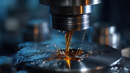 A stunning image of close up of a machining process with lubricating oil.
