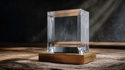A stunning image of blank square glass trophy mockup, 3d rendering. Empty acrylic award design mock up. Transparent realistic crystal prize plate template. Premium first place.