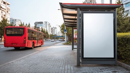A stunning image of white empty information mock-up on city bus stop, blank vertical billboard near paved road with red touristic bus, clear placeholder frame in urban settings.
