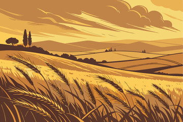 13 golden wheat field in the foreground, rolling hills in the distance, dramatic sunset sky with warm colors, silhouetted silos in the background, beautiful natural landscape, cinematic, highly detail © Manik Mia