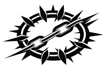 Black chain link bisects circle rimmed with thorns and sharp, curved segments in a monochrome arrangement