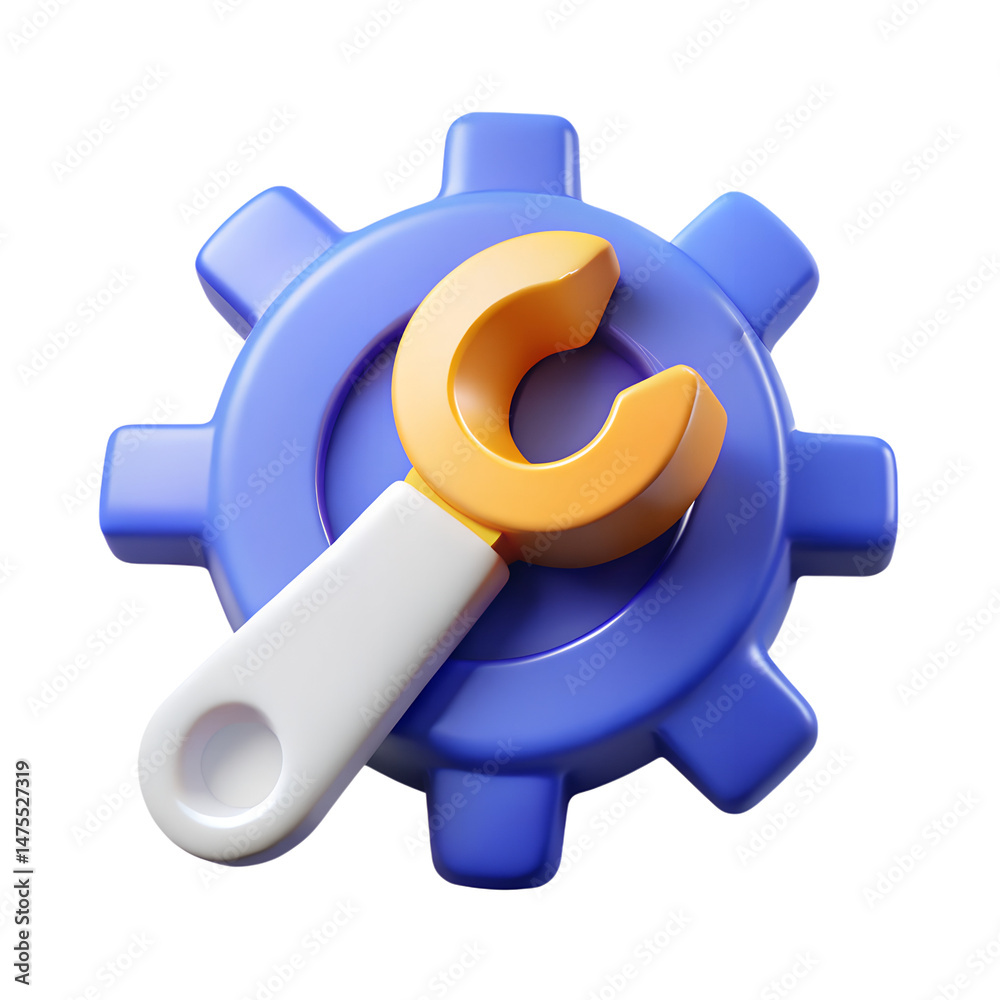 Poster a 3d rendering icon depicting a wrench interacting with a gear representing settings or system funct