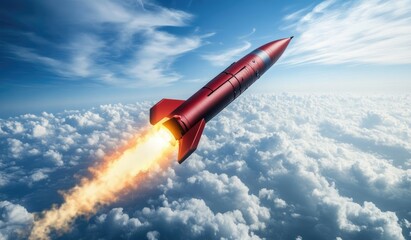 Red missile launching through clouds