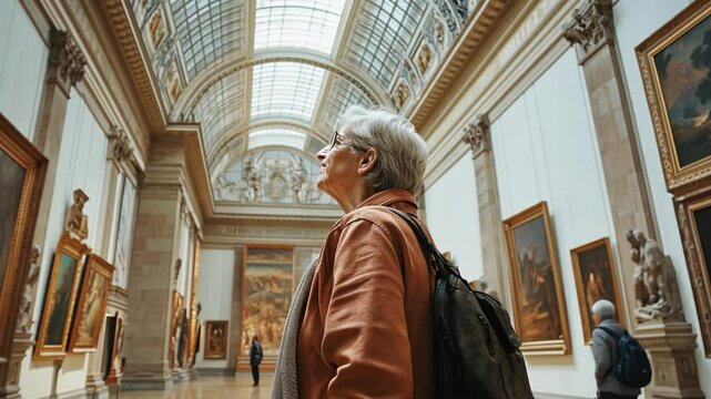 Elderly woman exploring art in a museum