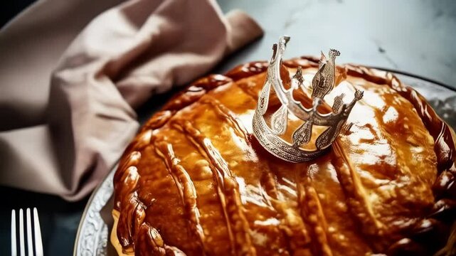 Golden galette pastry topped with a decorative crown on ornate plate, presented on a neutral surface, rich tones, gourmet presentation