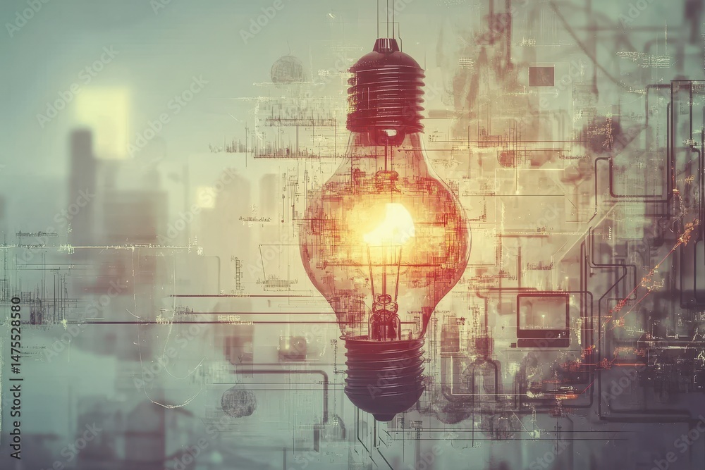 Poster innovative technology pattern with glowing light bulb showcasing futuristic design elements, innovat