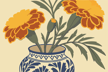 14b  marigold flowers in blue and white patterned vase, detailed colorful floral still life, vibrant warm tones, highly detailed, photorealistic, 8k