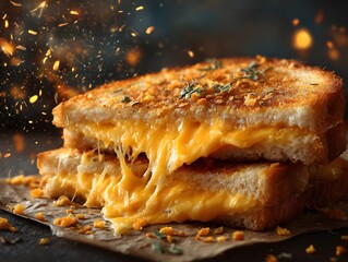 Golden Grilled Cheese Delight: An artful presentation of a toasted grilled cheese sandwich, featuring perfectly melted cheese oozing between golden-brown bread.