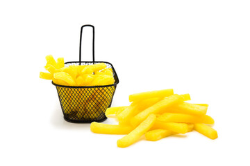 Appetizing fried french fries whole and in a heap in shopping supermarket cart isolated on a white background. Fast food. View from all sides.	