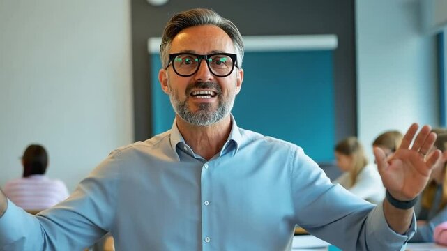 Male professor explaining lesson to students in classroom