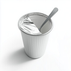 Top-down view of empty instant noodle cup with partially peeled foil lid and plastic fork inside, on clean white background. Perfect for food blogs, packaging mockups, and lifestyle content