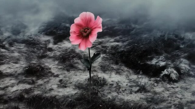 Single pink flower blooming in a desolate gray field, symbolic of hope, resilience, and new beginnings, contrasted against a somber landscape.