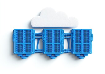 Cloud-based data centers.  A conceptual illustration of connected servers, housed within a data center, overlaid by a cloud icon.  The servers are a rich, vibrant blue, and the cloud is a soft white