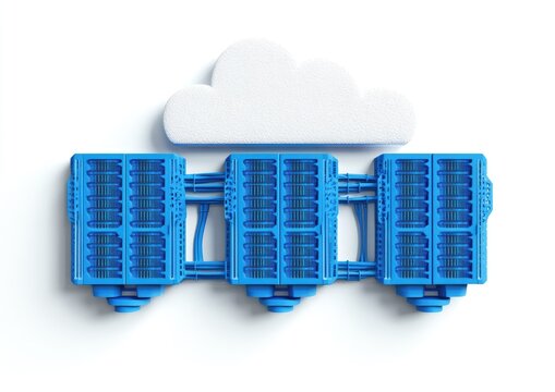 Cloud-based data centers. A conceptual illustration of connected servers, housed within a data center, overlaid by a cloud icon. The servers are a rich, vibrant blue, and the cloud is a soft white