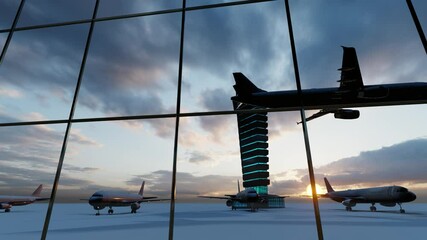 Airport terminal waiting area. Empty hall interior with large windows airport departure lounge, airplane in background. Journey. Travel insurance, airport travel, flight, holiday. 3840x2160.	
