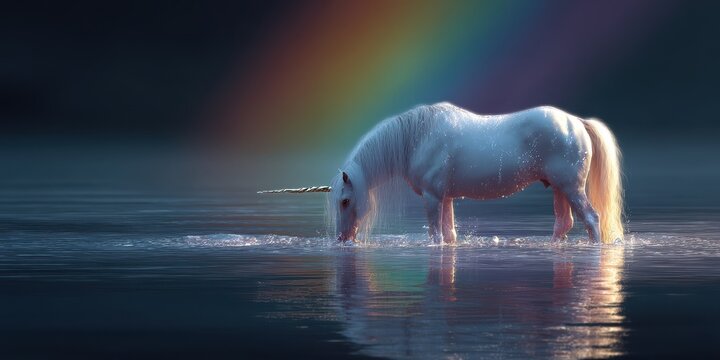 Majestic unicorn drinks from a tranquil river.