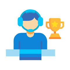 Successful gamer with headset and golden trophy award