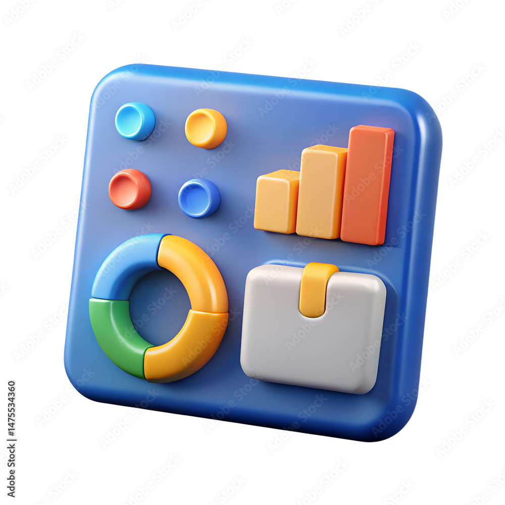 Poster abstract 3d rendering icon illustrating data analysis dashboard with various charts and graphic elem
