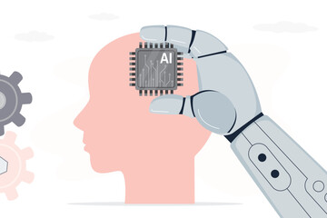 Robot arm put the chip into the brain, chatbot hand put AI processing chip into human head. Artificial Intelligence, robotic technology and automation innovation concept.